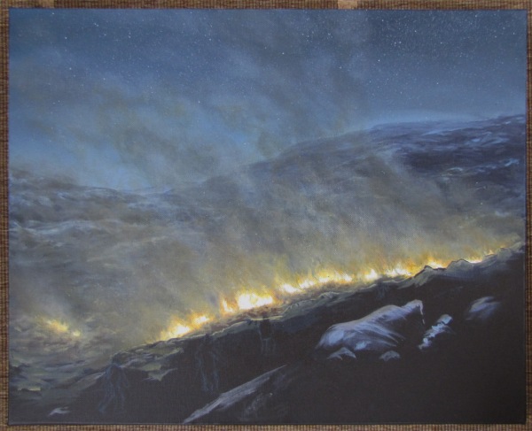 Unfinished acrylic painting of a gorse fire